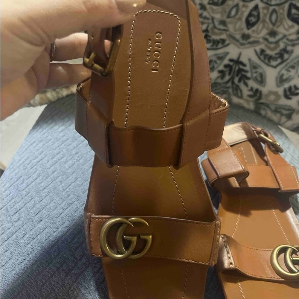 RARE SET Gucci Marmont Tan Leather Flat Sandals Size 39 / US 9 + Rainbow Dustbag - Picture 4 of 15